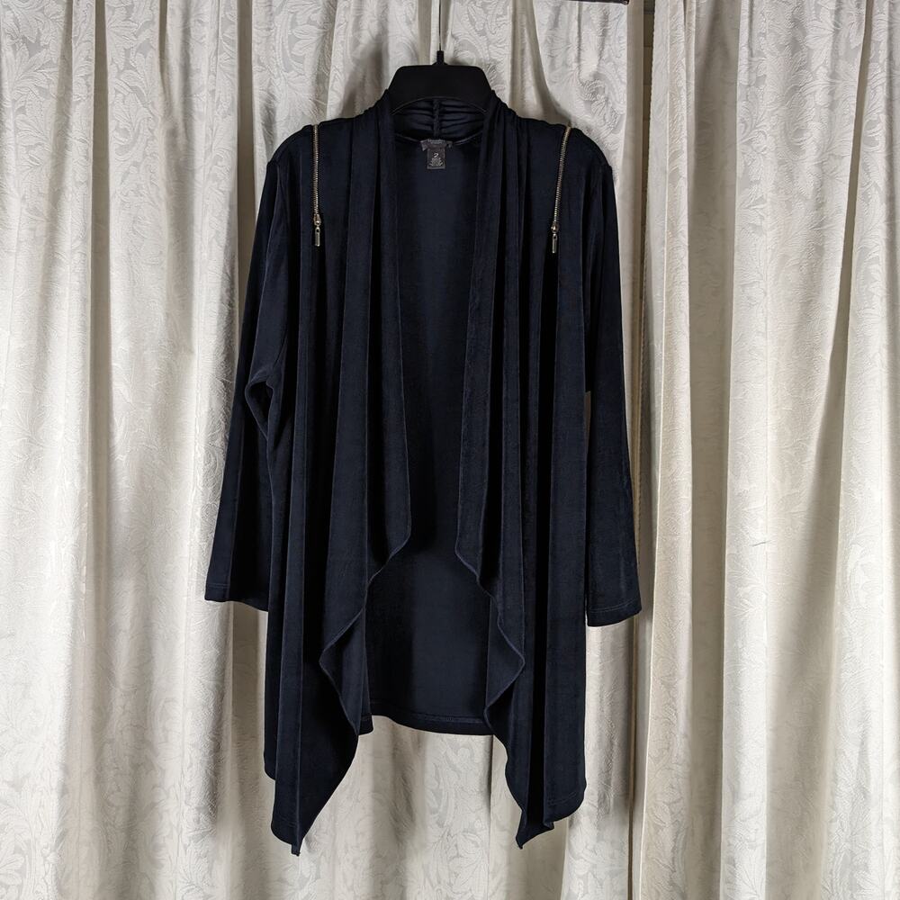 Chicos Travelers Black Open Front Zippers on Shoulders Slinky Cardigan sz 2 (L)